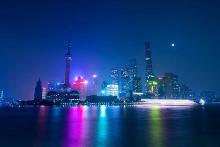 city skyline during night time
